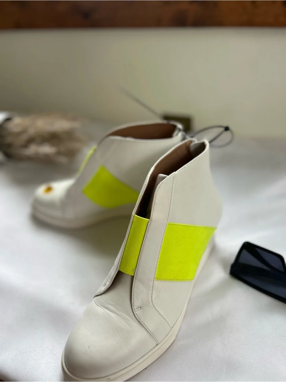 Paolo White Ankle Boots with Neon Yellow Elastic Band 8